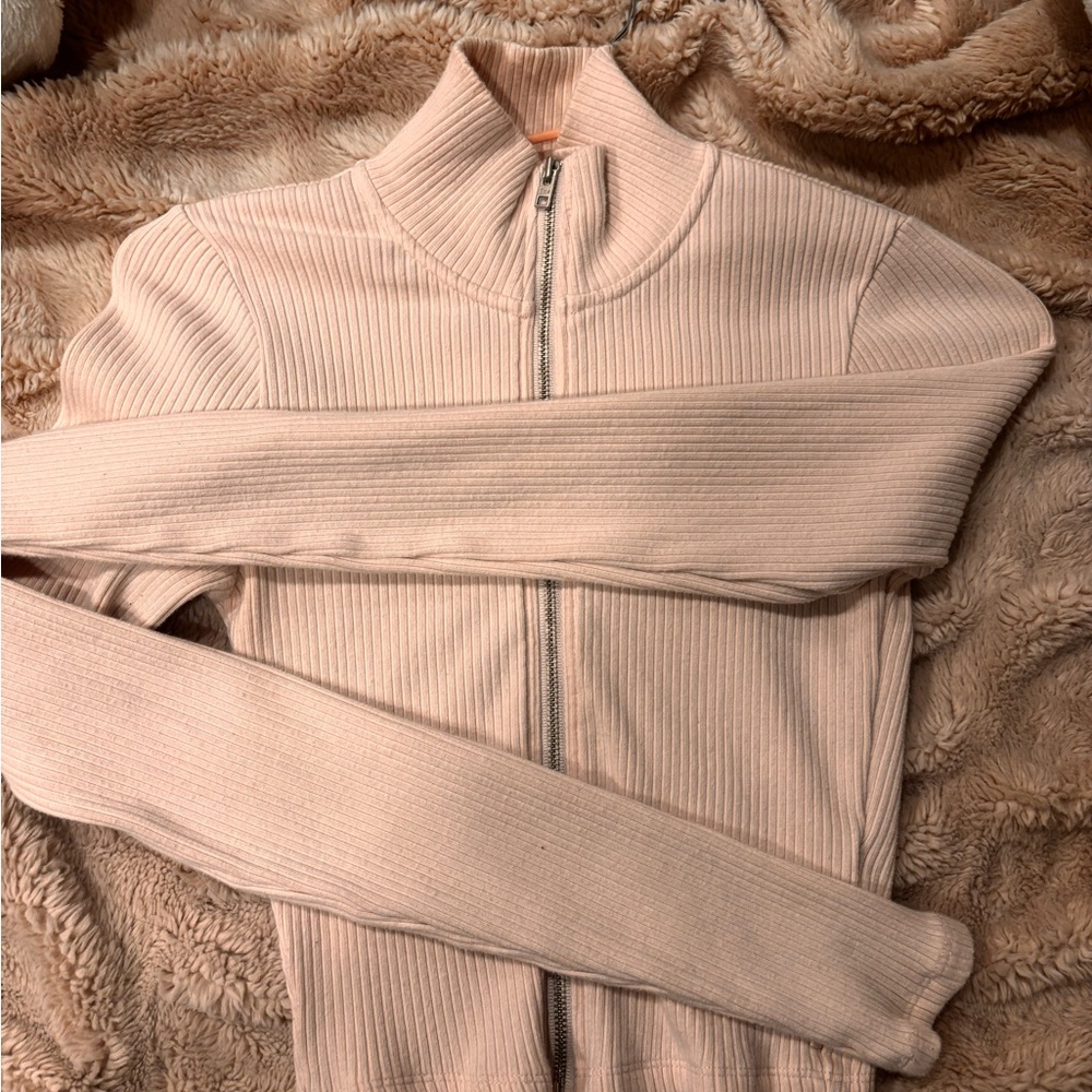 TNA Ribbed Zip-Up Sweater in Pink